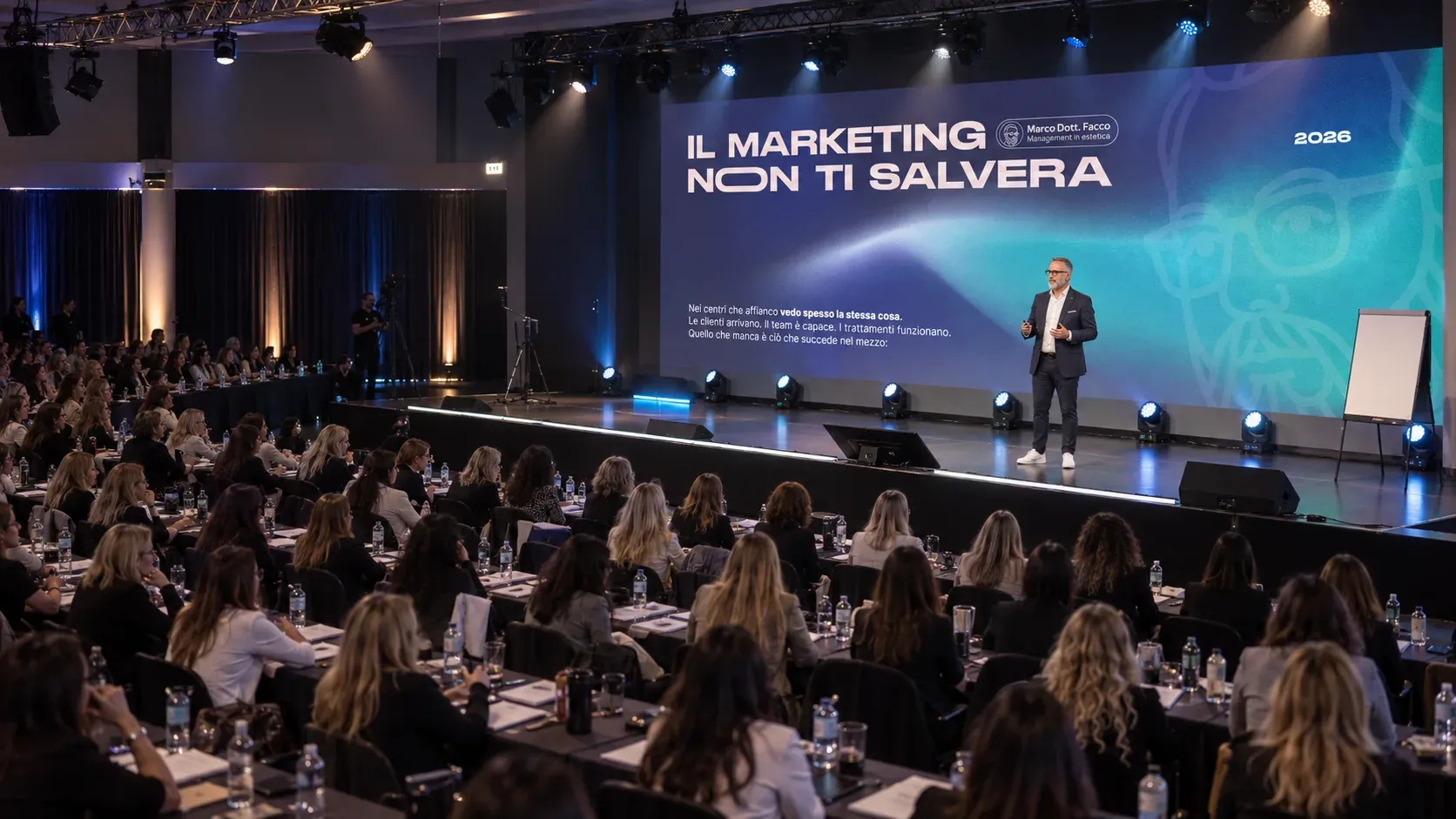 Marco Facco sul palco durante l’evento